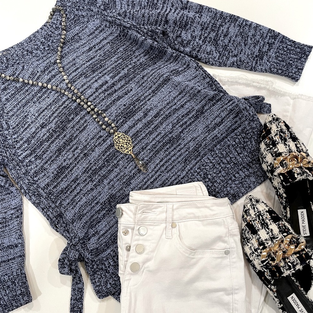Three Dots Blue Marled Side Tie Sweater Cozy Knit Tie Waist Top M